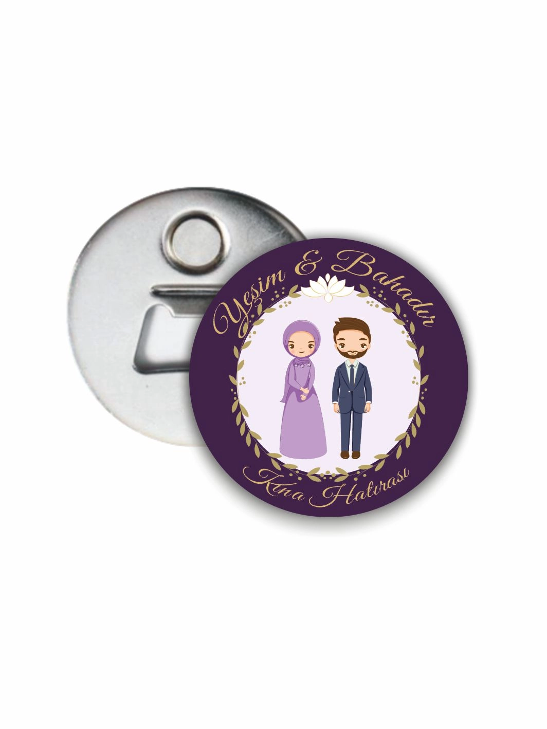 Kına Hatırası Açacak Magnet Mor Zeminli Tesettürlü Gelin Damat Tema 58mm Buton Magnet