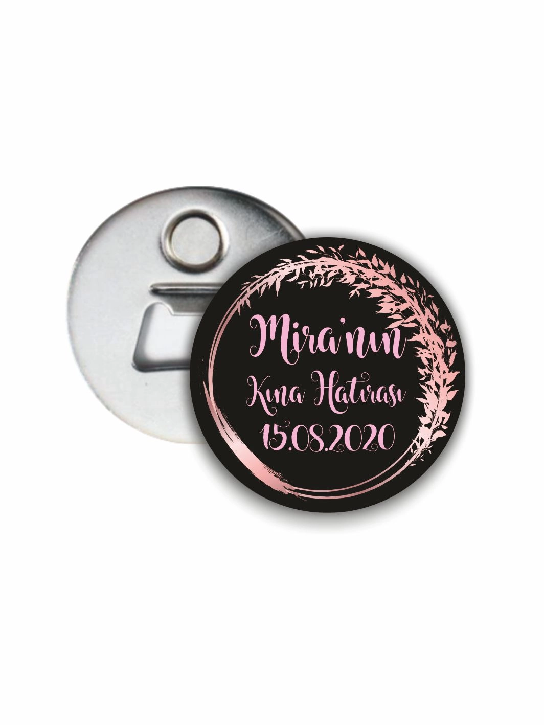 Kına Hatırası Açacak Magneti Siyah Zemin Pembe Çiçek Tema 58mm Buton Magnet