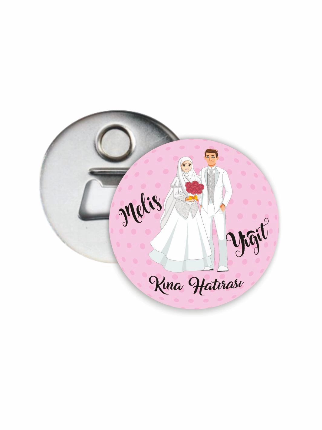 Kına Hatırası Açacak Magneti Tesettürlü Gelin Damat Tema Soft Pembe Zeminli 58mm Buton Magnet
