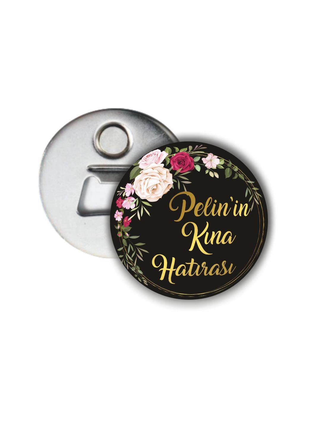 Kına Hatırası Hediye Açacak Magneti Siyah Zemin Mor Beyaz Çiçek Çerçeve Tema 58mm Buton Magnet