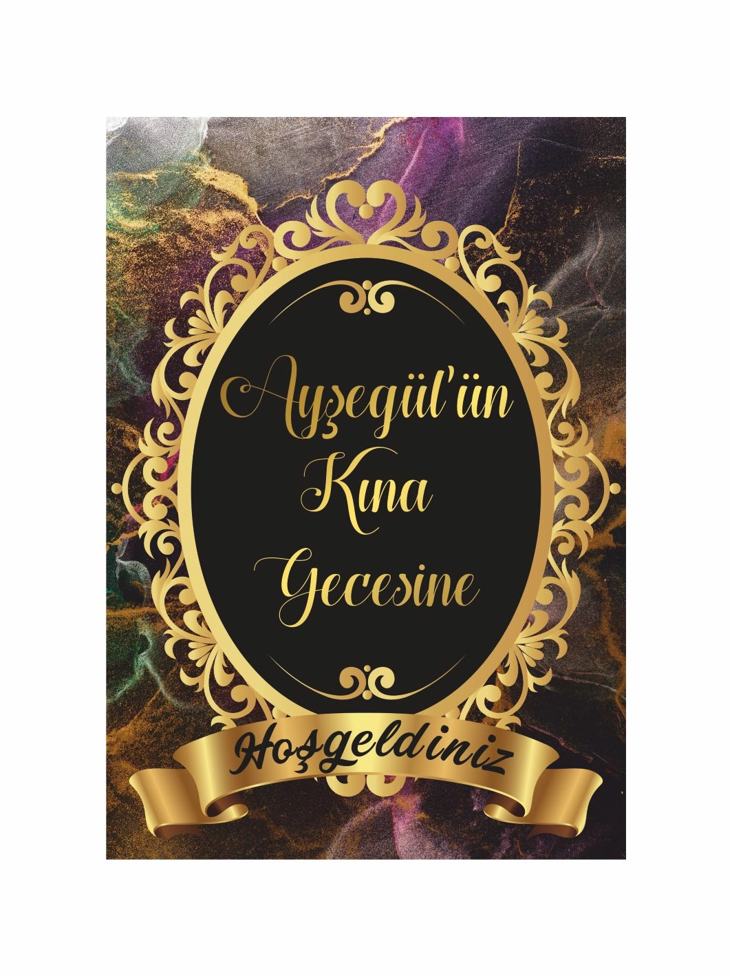 Kına Hatırası Karşılama Panosu Ayaklı Mermer Zemin Gold Çerçeve Konsept Karşılama Pano