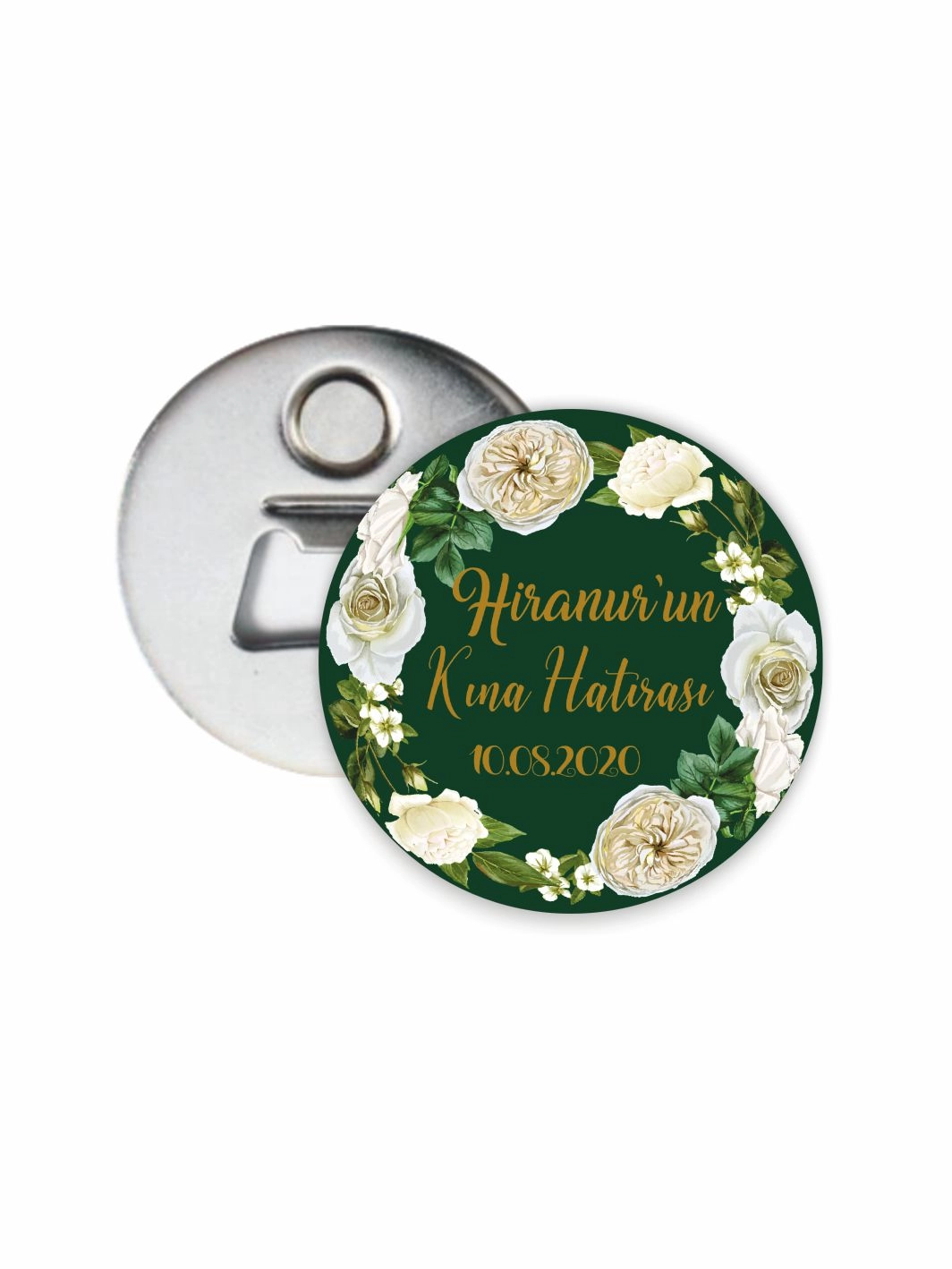 Kına Hediyesi Açacak Magneti Yeşil Zemin Beyaz Çiçekler Çerçeve Tema 58mm Buton Magnet