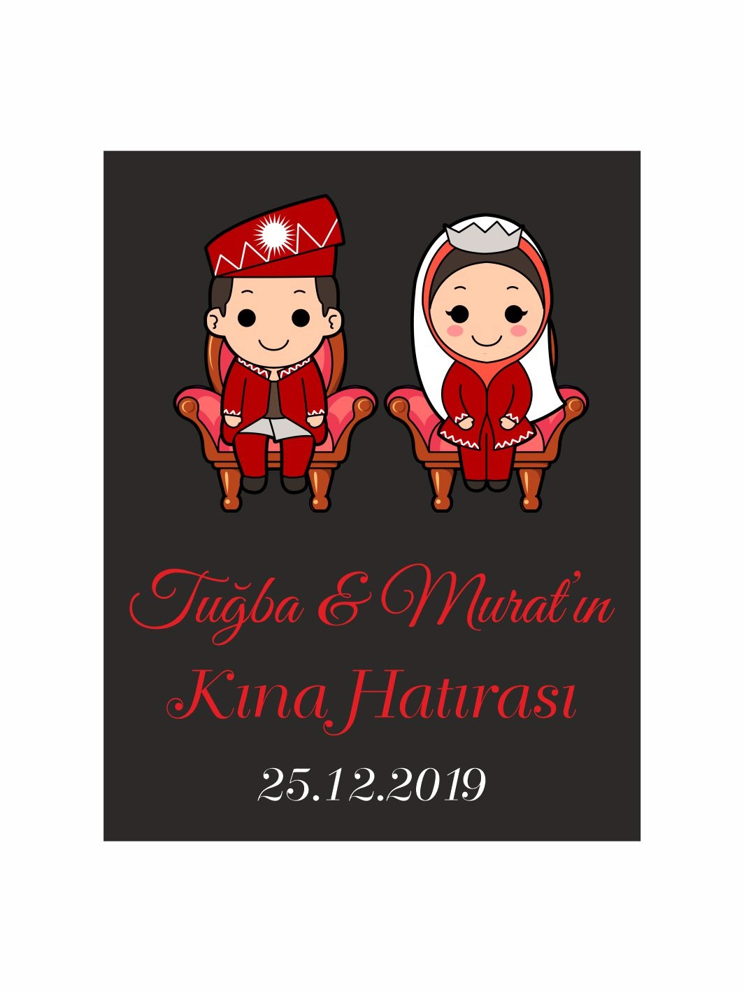 Kına Magneti Siyah Zemin Karikatür Gelin Damat Figürlü Taht Detaylı