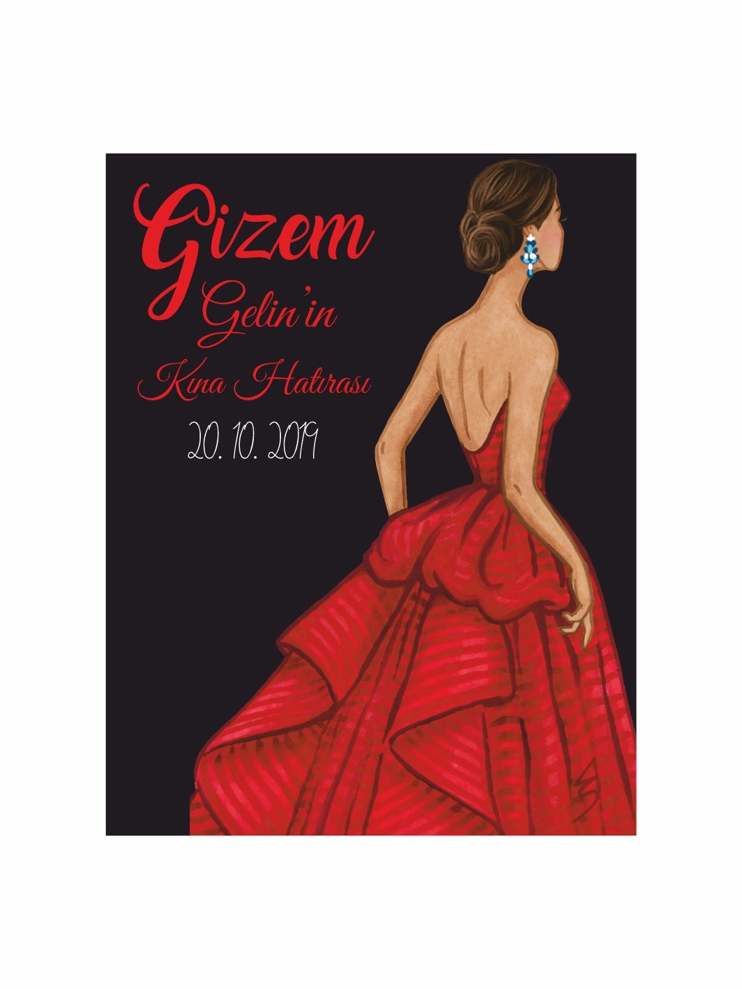 Kına Magneti Siyah Zemin Üzerine Kırmızı Abiye Elbiseli Gelin Figürlü