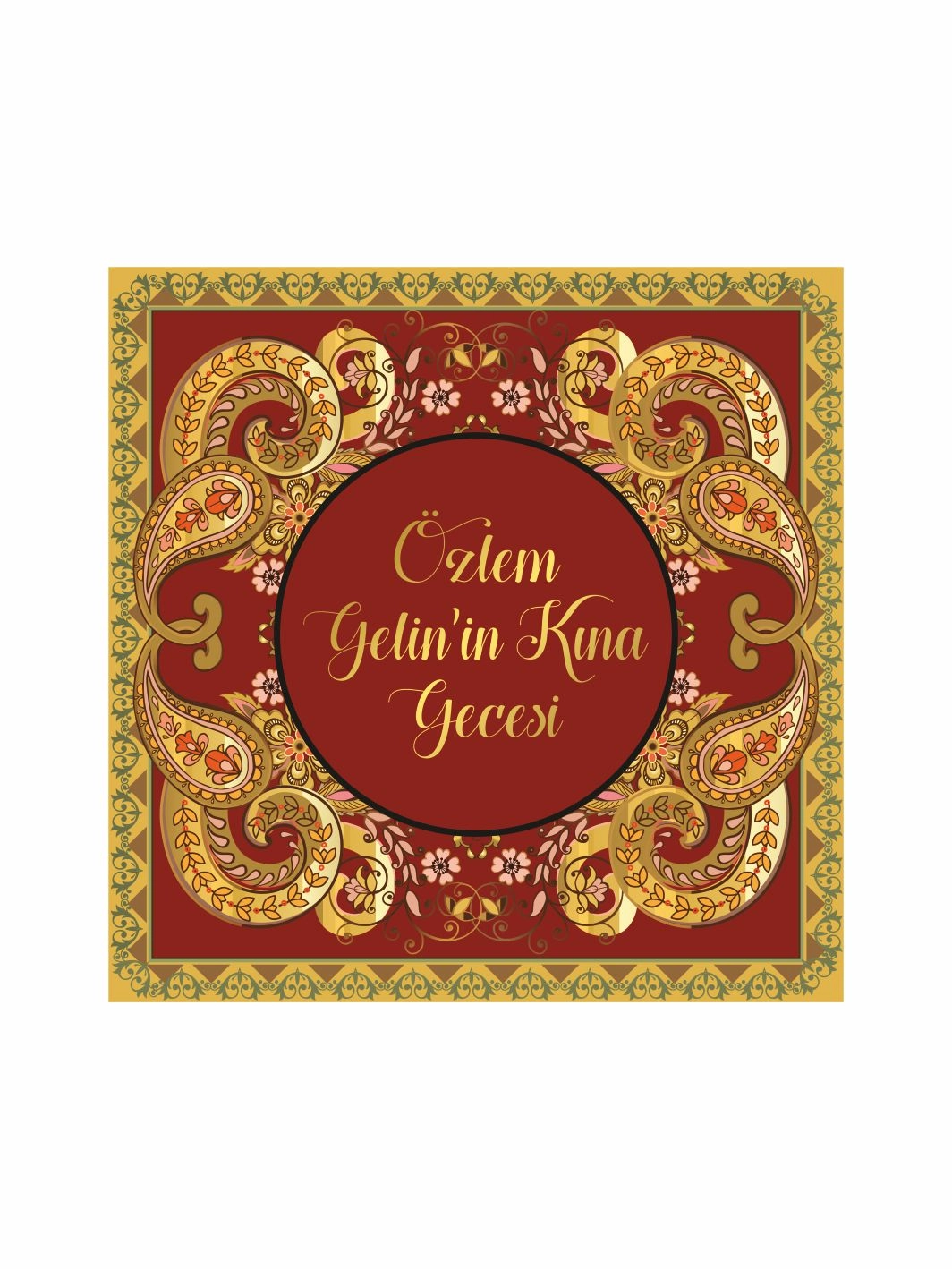 Kına Pist Kaplama Yer Afişi Bordo Gold Ottoman Desenli Klasik Konsept Gelin İsmi Özel