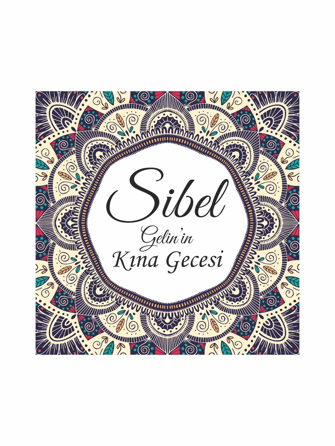 Kına Pist Kaplama Yer Afişi Lacivert Bej Etnik Desenli Yuvarlak Gelin İsmi Özel