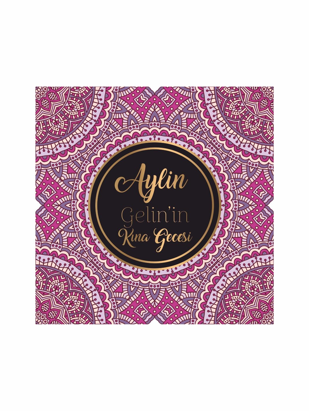 Kına Pist Kaplama Yer Afişi Mor Etnik Mandala Desenli Siyah Gold Yuvarlak Gelin İsmi Özel