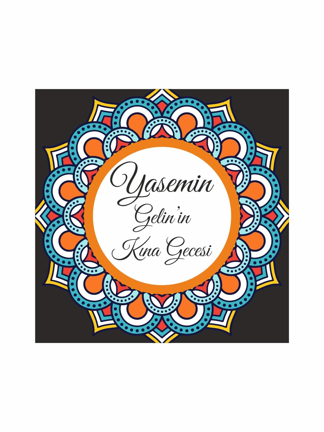 Kına Pist Kaplama Yer Afişi Siyah Zemin Turuncu Mavi Mandala Desenli Yuvarlak Gelin İsmi Özel