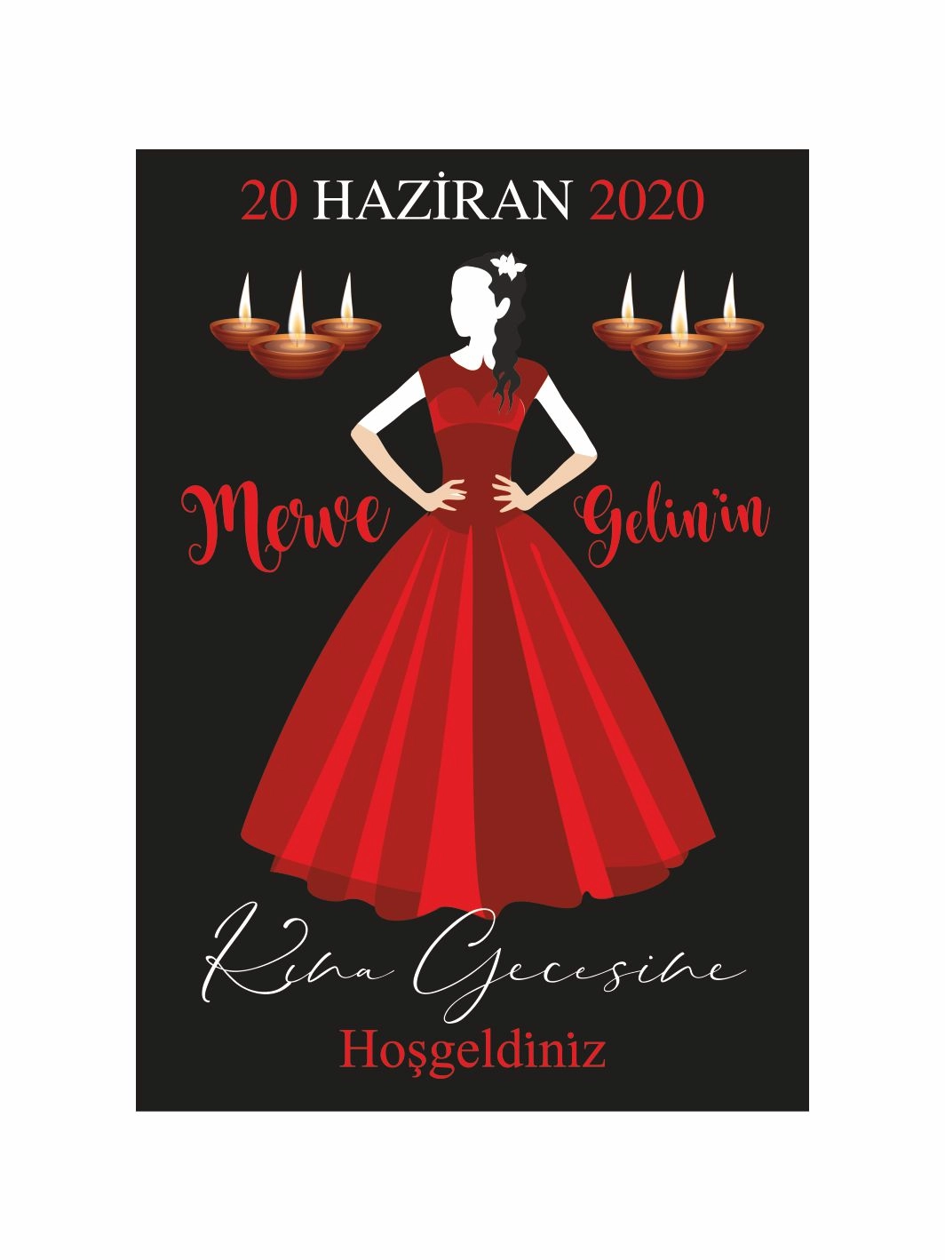 Kırmızı Elbiseli Gelin Tema Kına Gecesi Ayaklı Karşılama Panosu