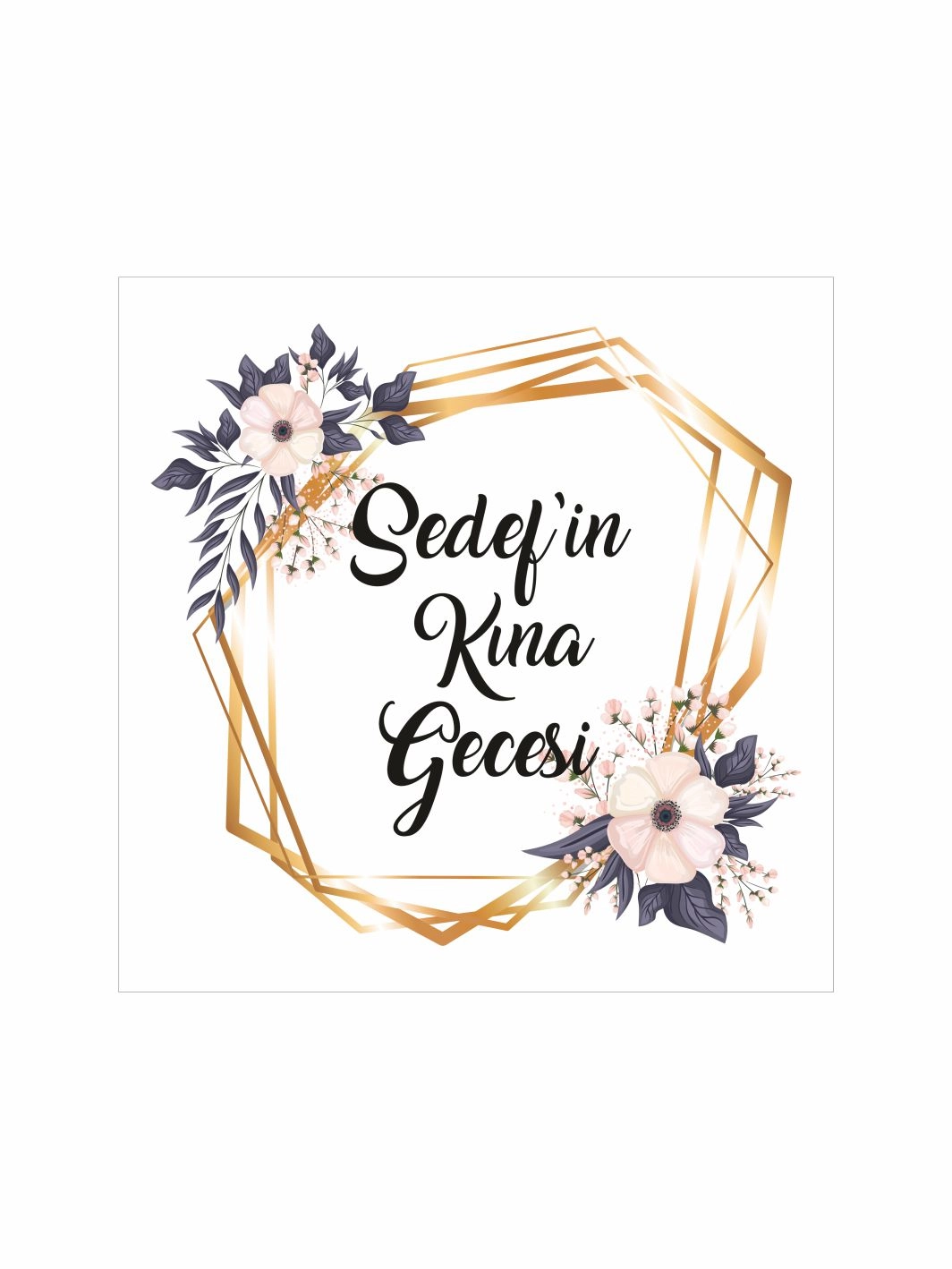 Kişiye Özel Kına Gecesi Pist Yer Kaplama Afişi Gold Geometrik Çerçeveli Çiçek Desenli Modern Bohem Konsept