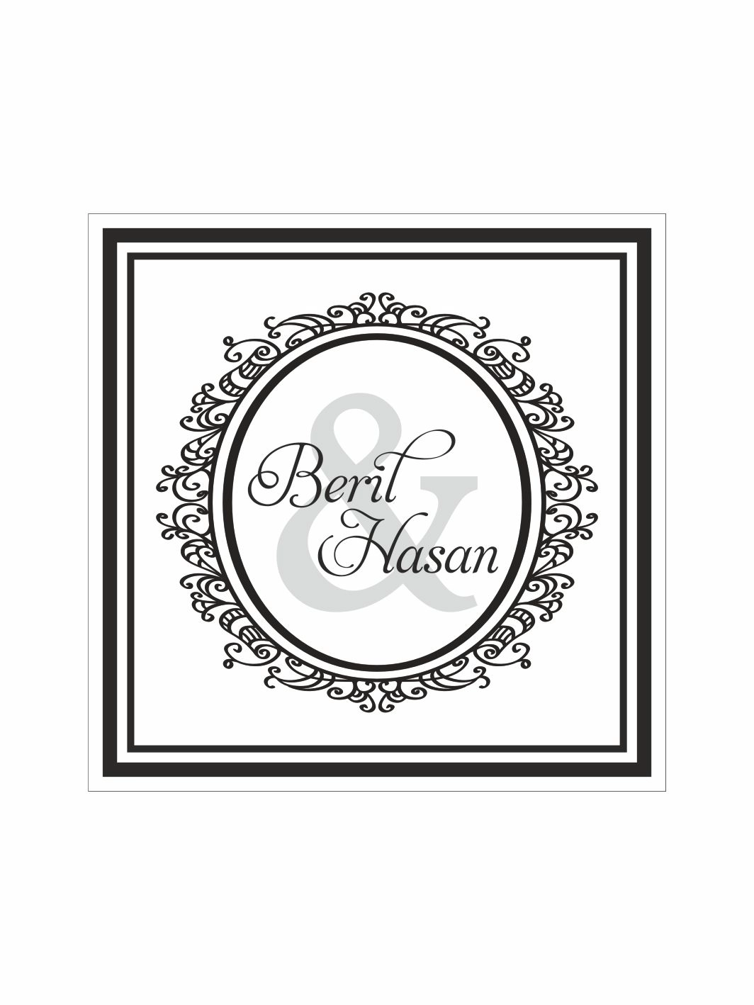 Kişiye Özel Nişan Söz Düğün Pist Yer Kaplama Afişi Oval Çerçeveli Osmanlı Desenli Gri Ampersandlı Klasik Konsept