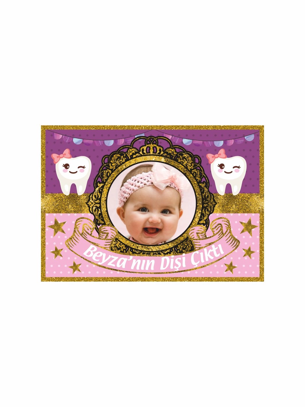 Kız Bebek Diş Parti Afişi Mor Pembe Renk Sevimli Dişler Gold Sim Yıldızlar Konsept