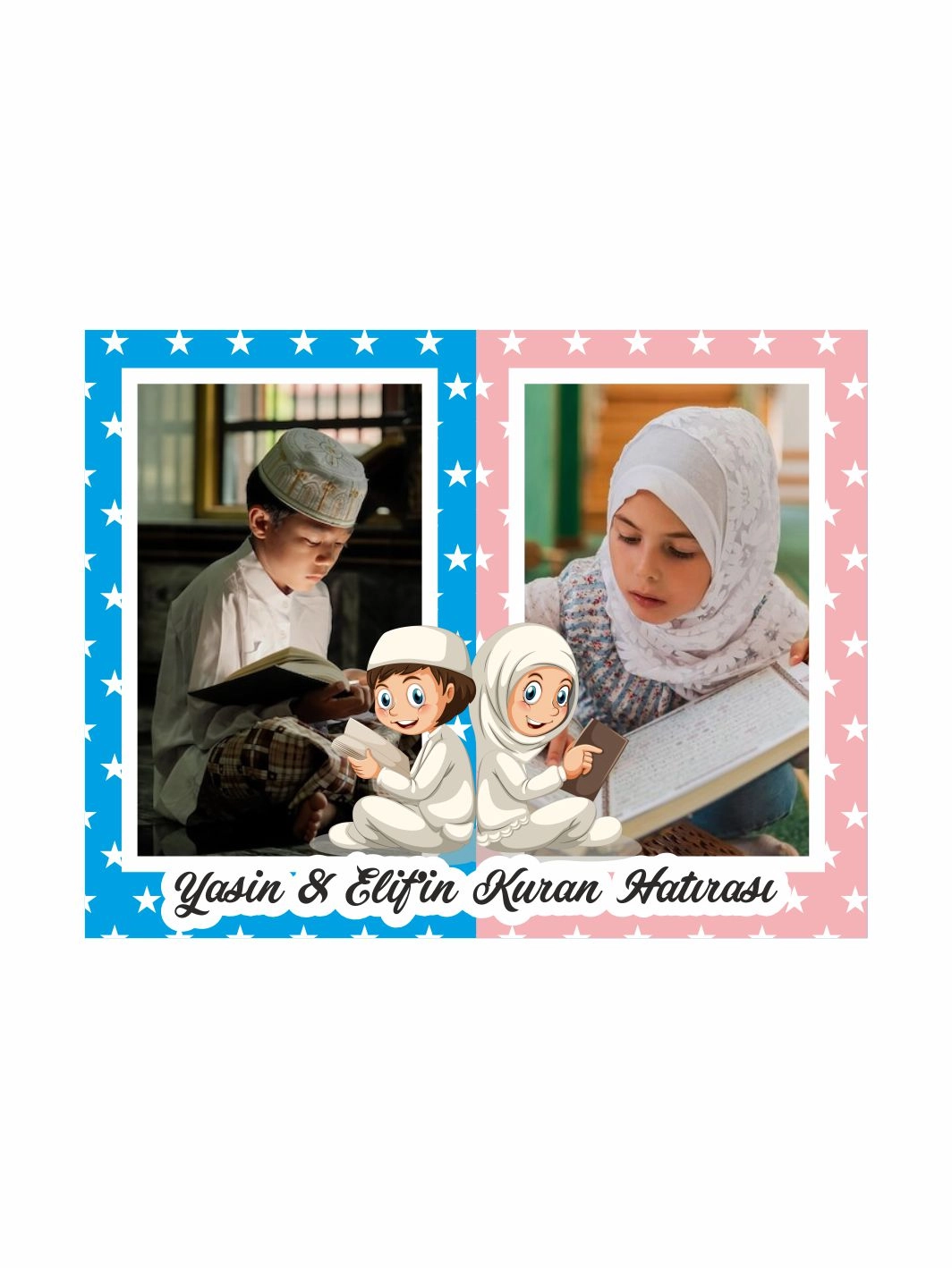 Kuran Hatırası Çift Resimli Mavi Pembe Yıldızlı Zemin Çocuk Temalı Magnet