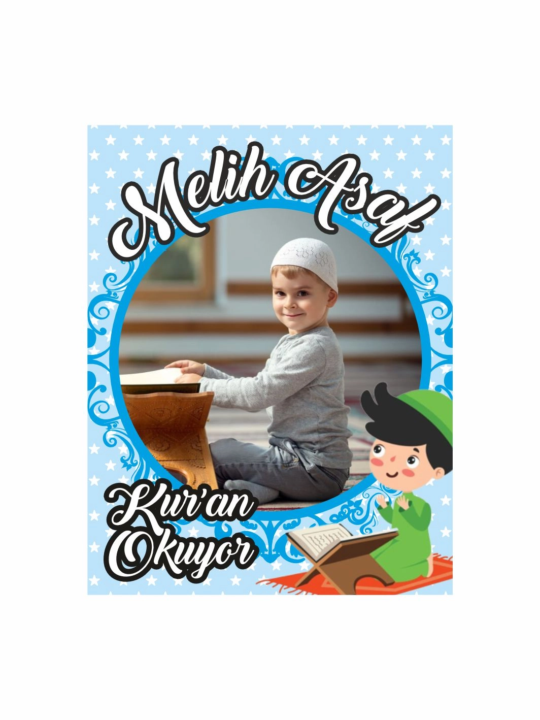 Kuran Hatırası Mavi Yıldızlı Çerçeveli Resimli Erkek Çocuk Kuran Okuyor Temalı Magnet