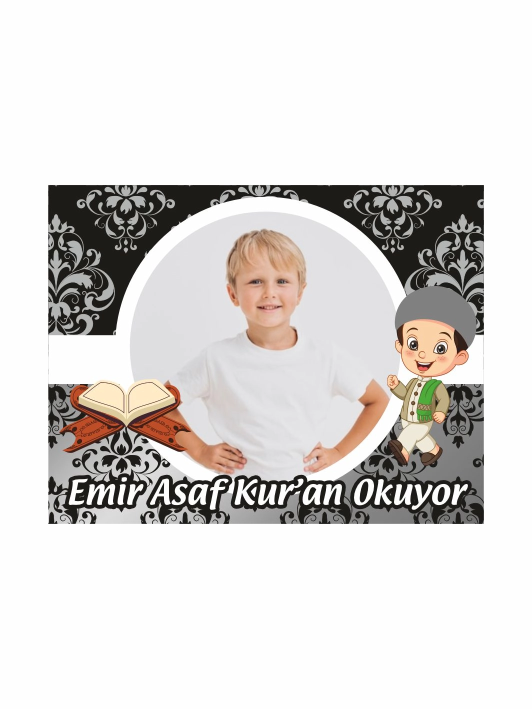 Kuran Hatırası Siyah Damask Desenli Resimli Erkek Çocuk Kuran Okuyor Temalı Magnet