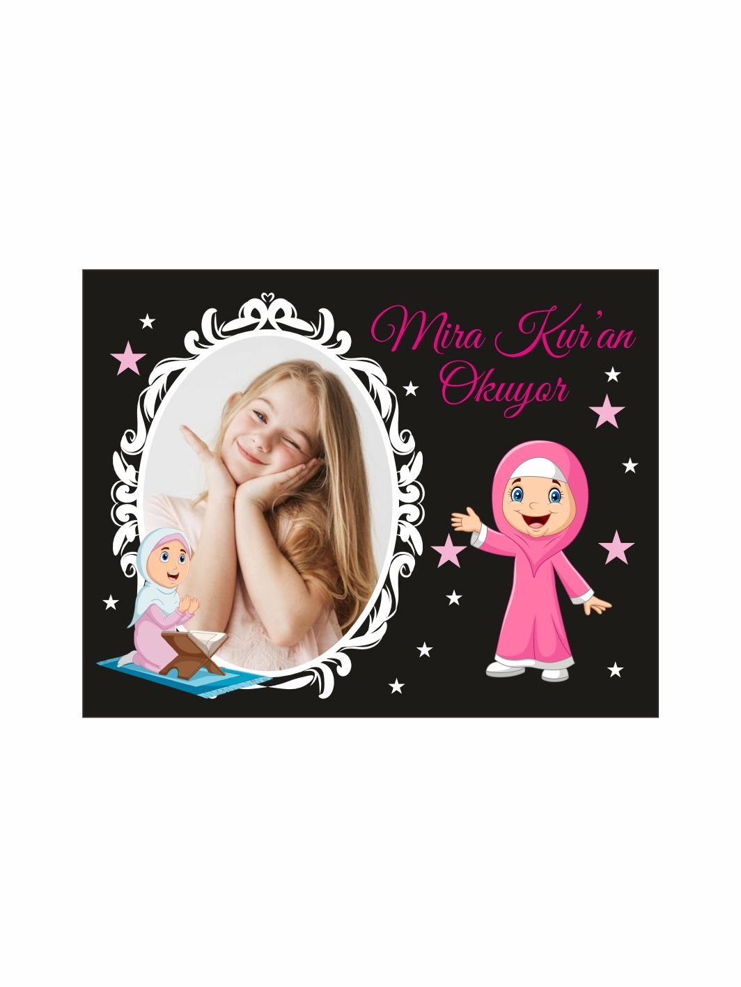 Kuran Hatırası Siyah Zeminli Pembe Yıldızlı Resimli Kız Çocuk Temalı Magnet