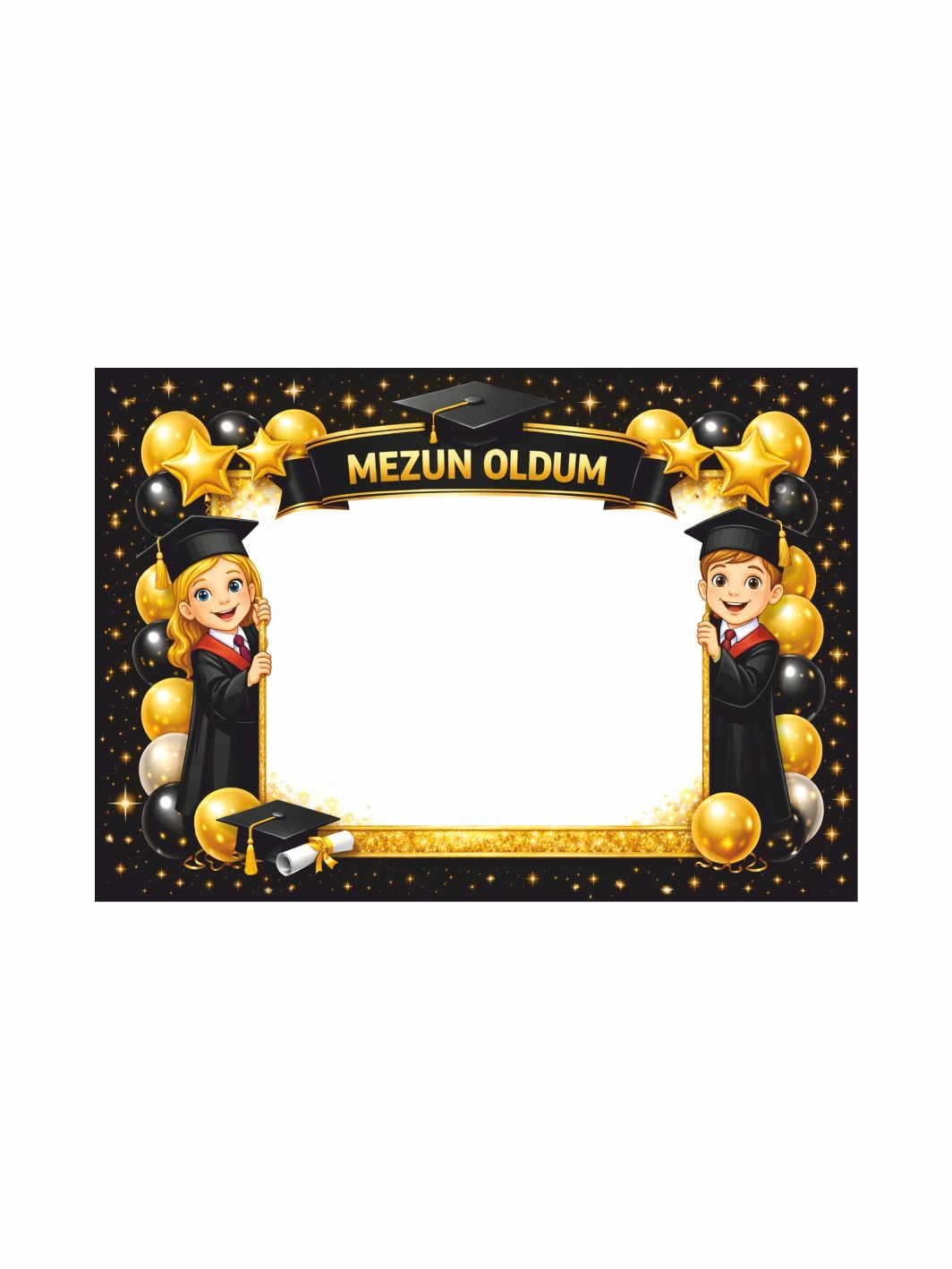 Mezuniyet Hatıra Çerçevesi Mezun Oldum Siyah Gold Balonlu Kız Erkek Öğrenci Temalı Fotoğraf Çerçevesi 100x70 cm