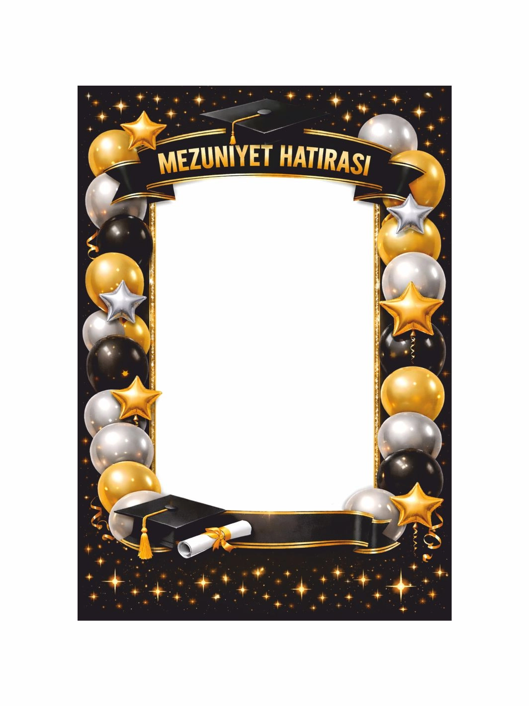 Mezuniyet Hatıra Çerçevesi Siyah Gold Balonlu Yıldızlı Mezuniyet Hatırası Fotoğraf Çerçevesi 100x70 cm