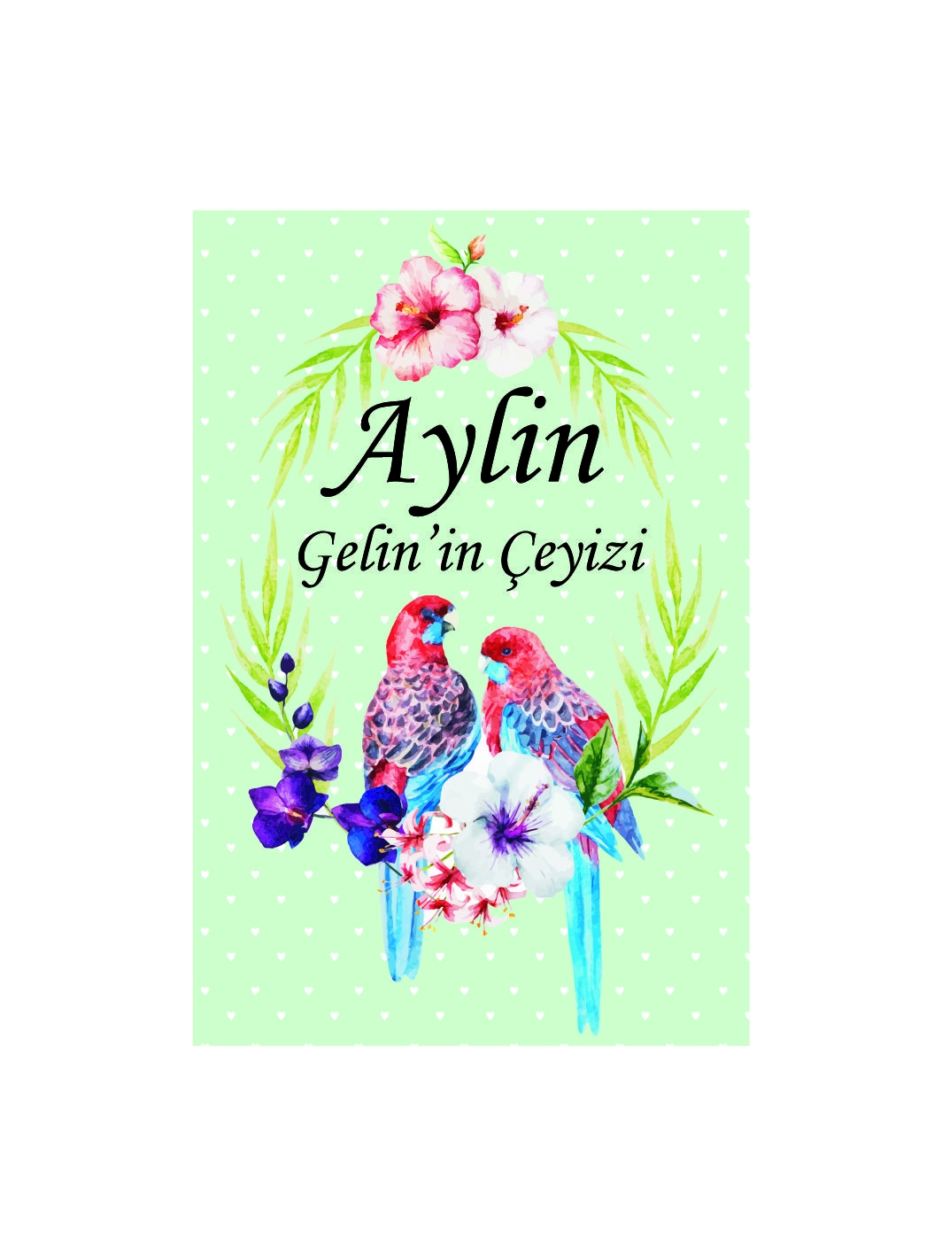Mint Yeşili Zeminli Kuş Figürlü Çiçek Desenli Gelin Çeyiz Kolisi Etiketi – Kendinden Yapışkanlı Kuşe Çıkartma 20x30 A4