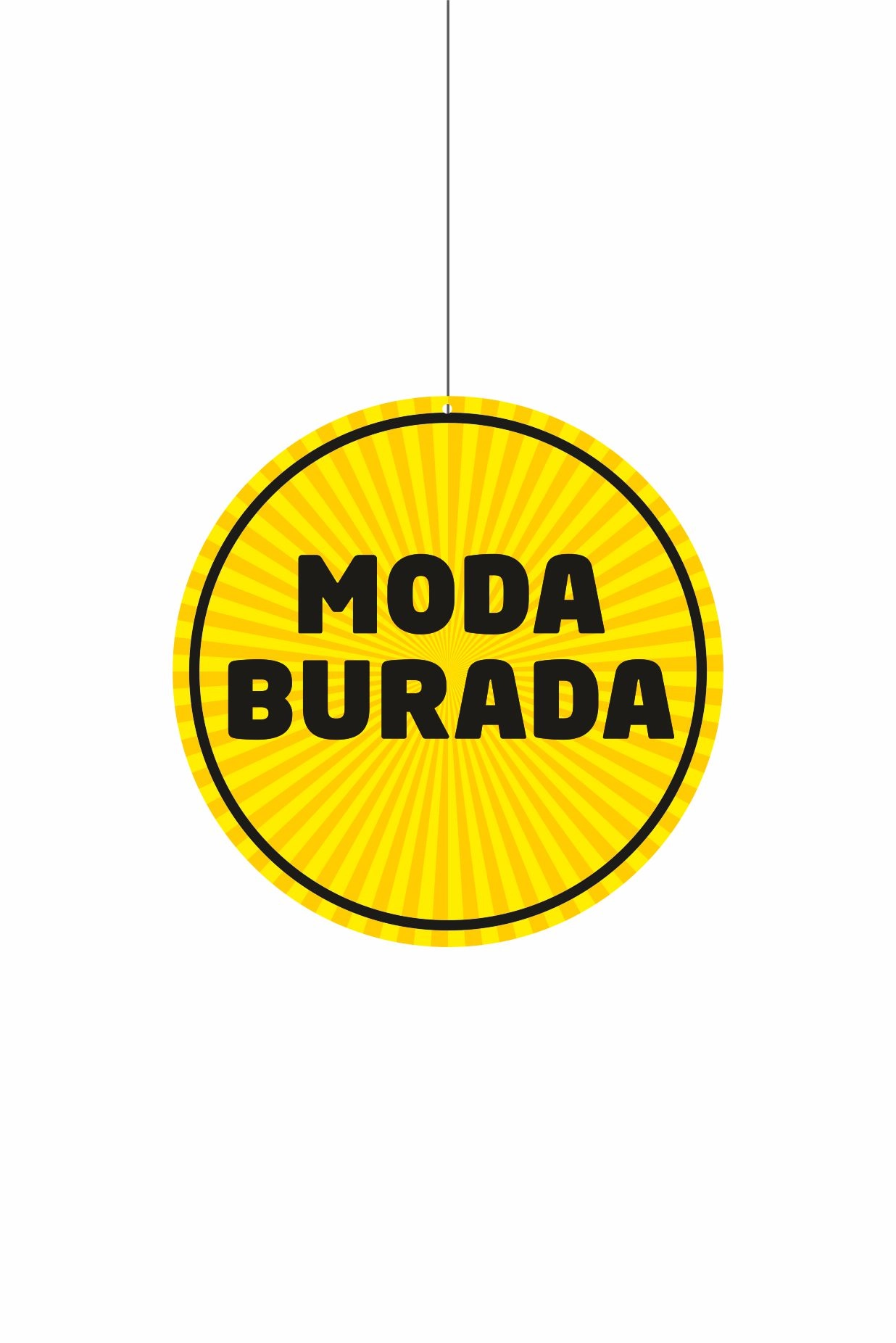 Moda Burada Mağaza Dönkartı Sarı Zeminli 30x30 cm – Tavan Askılı Reyon Afişi
