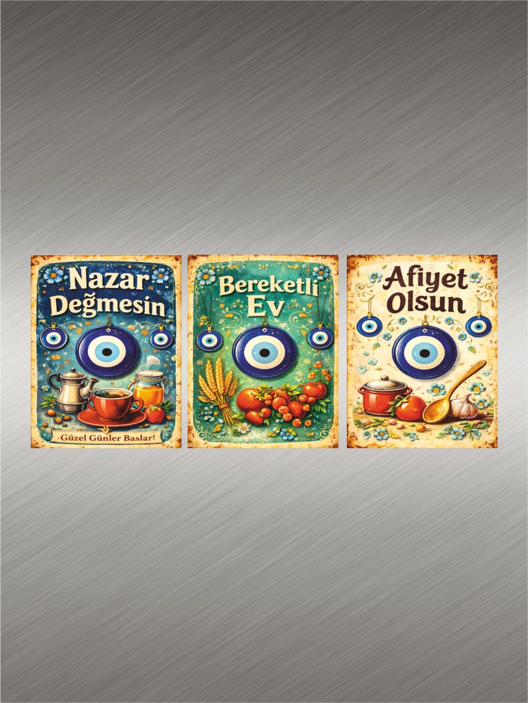 Nazar Boncuklu Mutfak Yazılı Buzdolabı Magnet Seti 3’lü – Dekoratif Nazar Temalı Magnet Modelleri