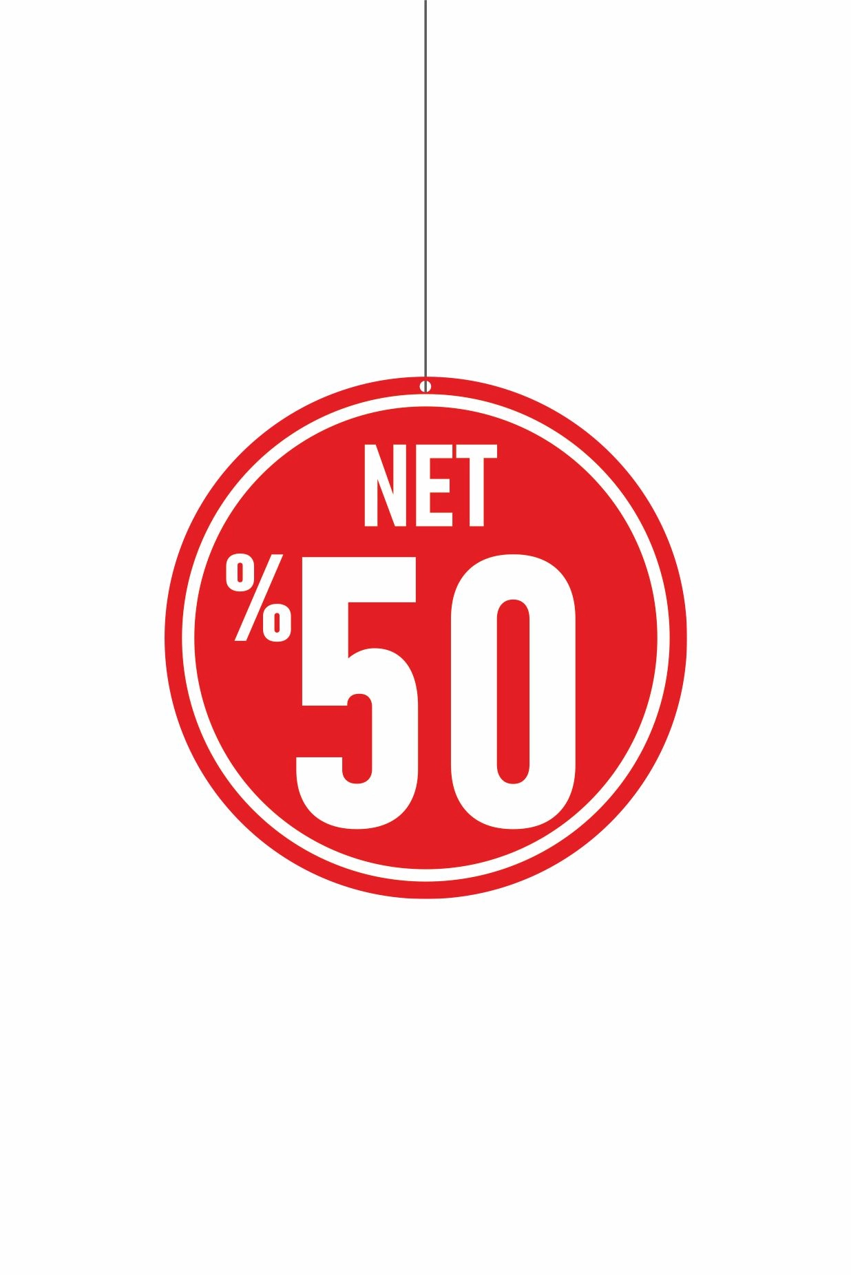 Net %50 Yazılı Mağaza Dönkartı Kırmızı Zeminli – Tavan Askılı Kampanya Afişi