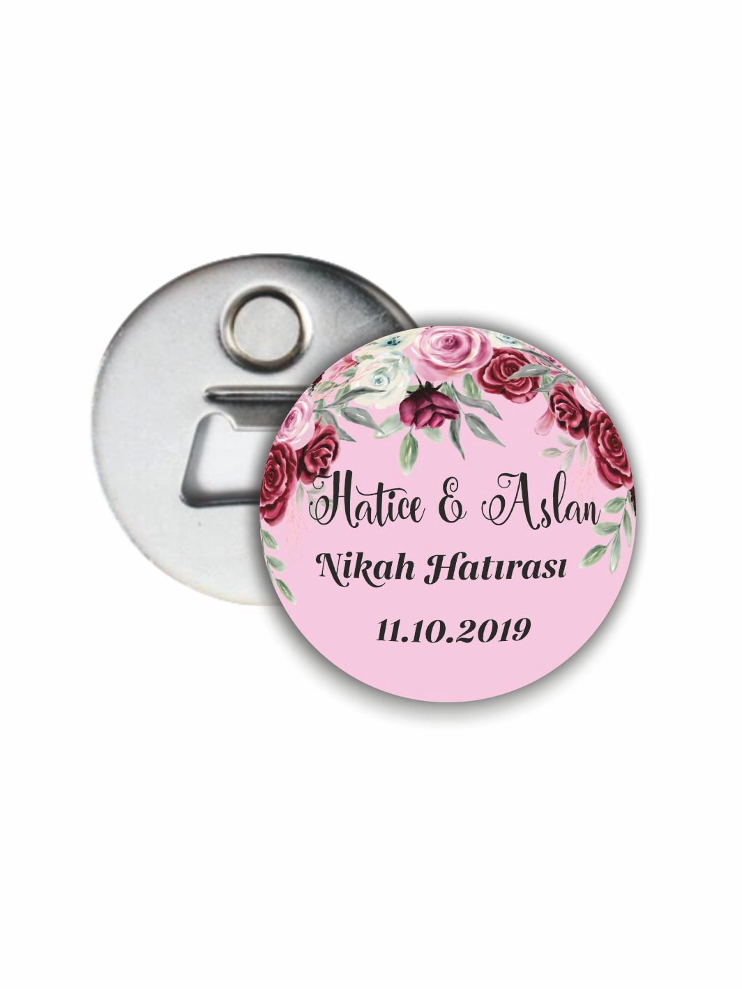 Nikah Hatırası Açacak Magnet Pembe Zemin Bordo Çiçek Tema 58mm Buton Magnet