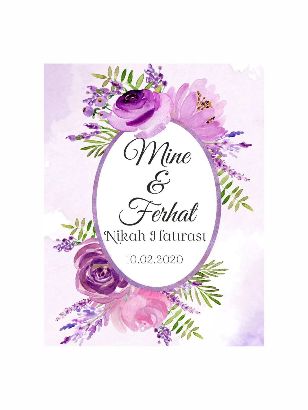 Nikah Söz Nişan Düğün Hatıra Magneti Lila Mor Çiçekli Oval Çerçeveli Zarif Romantik Konsept