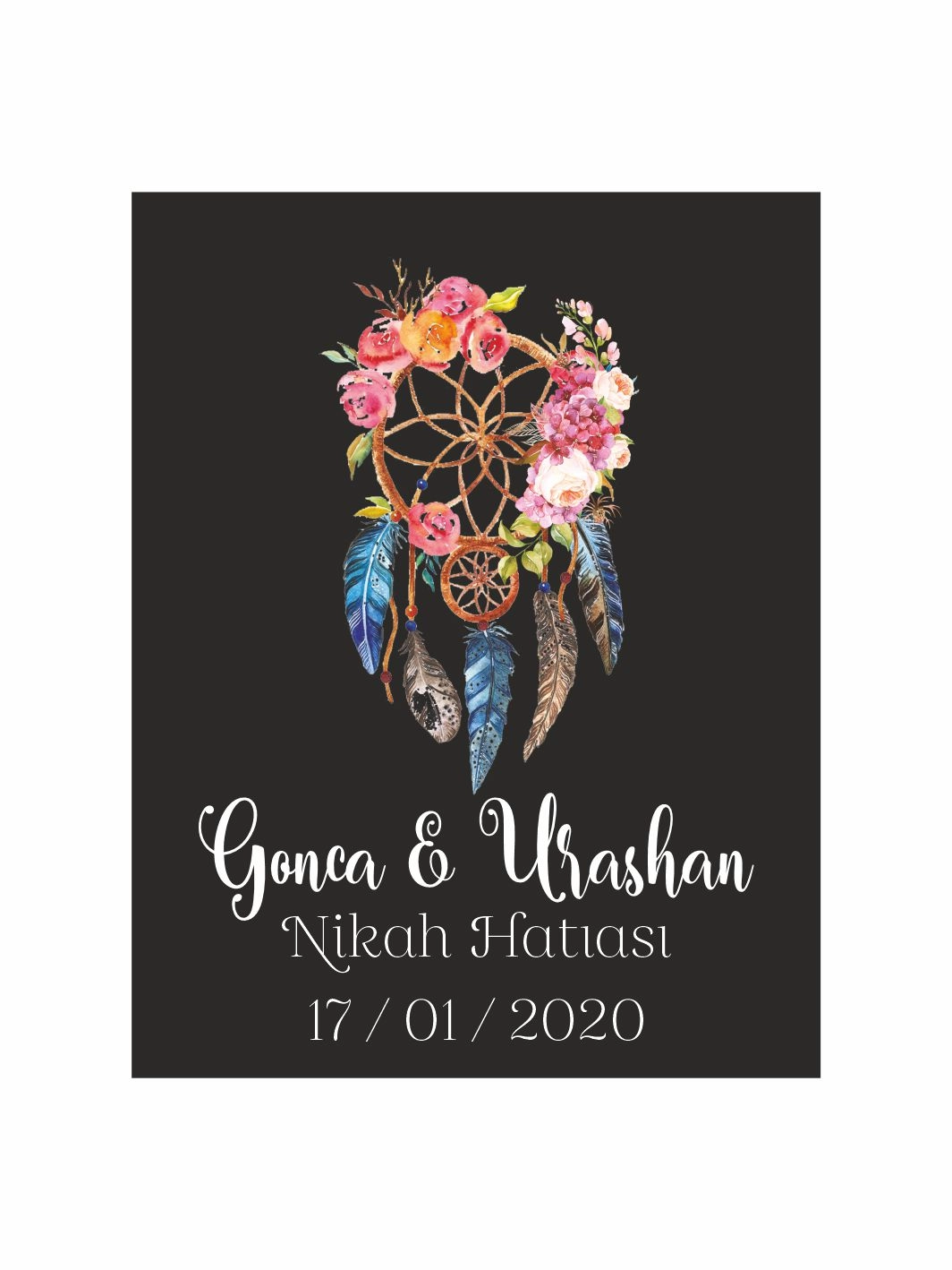 Nikah Söz Nişan Düğün Hatıra Magneti Siyah Zemin Dreamcatcher Tüy ve Çiçek Desenli Bohem Konsept