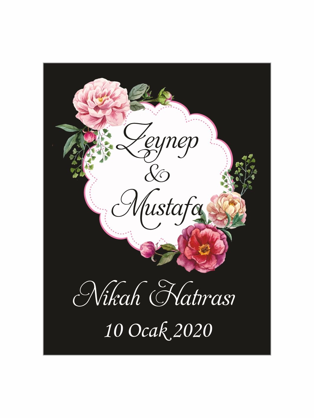 Nikah Söz Nişan Düğün Hatıra Magneti Siyah Zemin Pembe Çiçekli Oval Etiket Çerçeveli Romantik Konsept