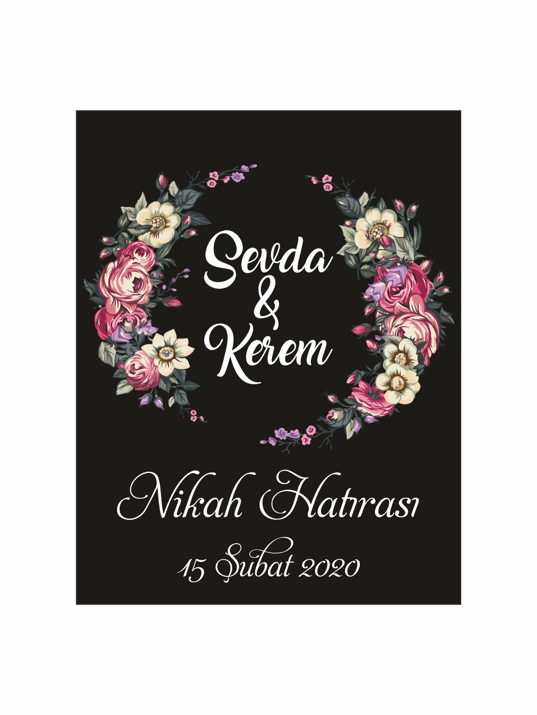 Nikah Söz Nişan Düğün Hatıra Magneti Siyah Zemin Pembe Krem Çiçek Çelenkli Romantik Vintage Konsept
