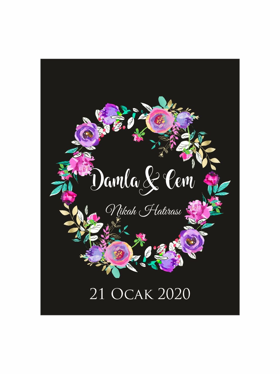 Nikah Söz Nişan Düğün Hatıra Magneti Siyah Zemin Renkli Çiçek Çelenkli Romantik Bahar Konsept