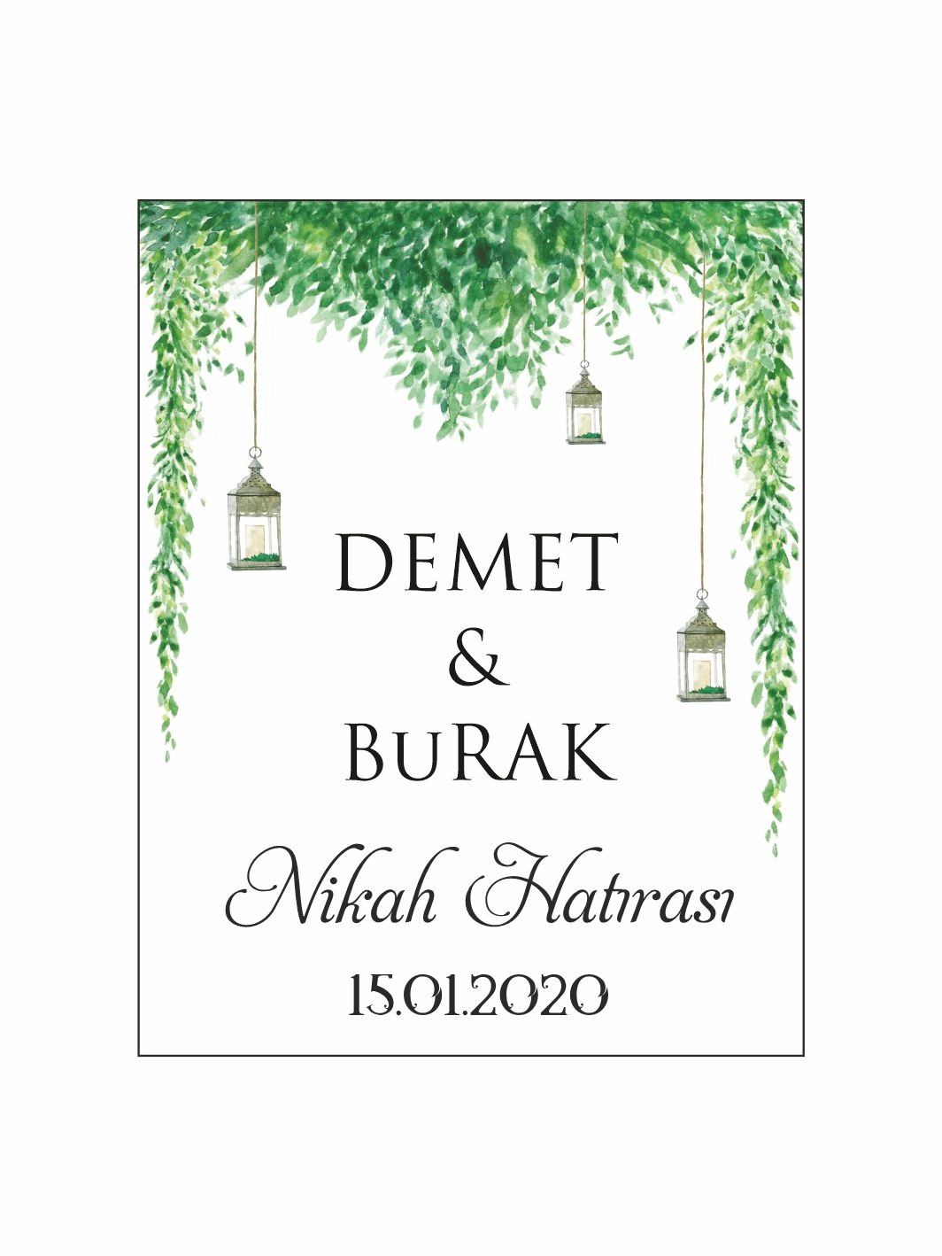Nikah Söz Nişan Düğün Hatıra Magneti Yeşil Sarmaşık Yapraklı Fener Desenli Rustik Bahçe Konsept