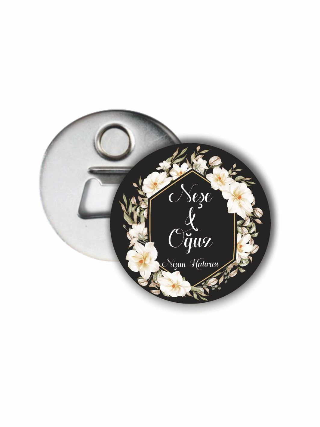 Nişan Hatırası Açacak Magnet Beyaz Çiçek Çerçeve Tema 58mm Buton Magnet