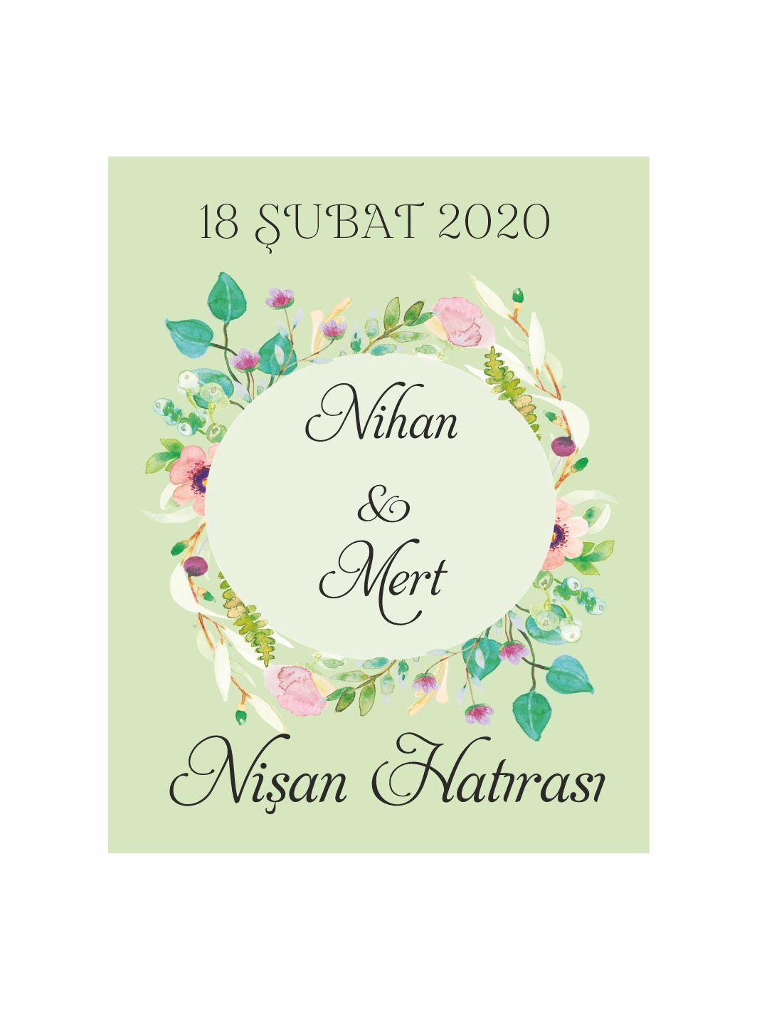 Nişan Söz Nikah Düğün Hatıra Magneti Açık Yeşil Zemin Çiçek Çelenkli Romantik Bahar Konsept