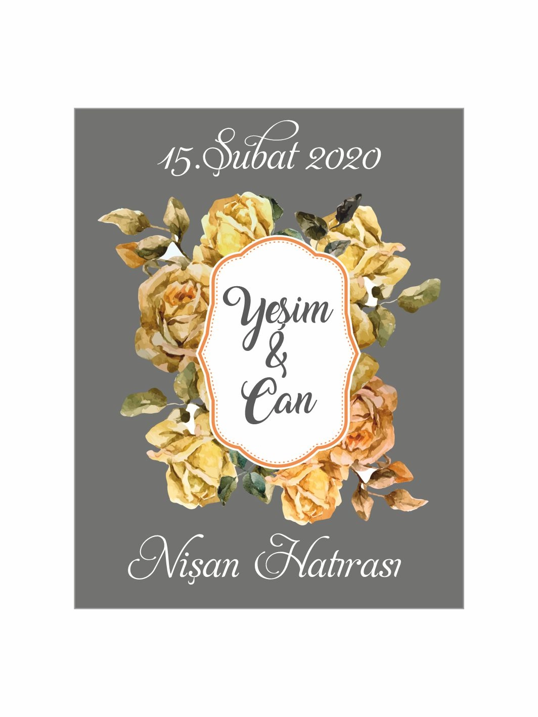 Nişan Söz Nikah Düğün Hatıra Magneti Gri Zemin Sarı Gül Çiçekli Vintage Romantik Konsept