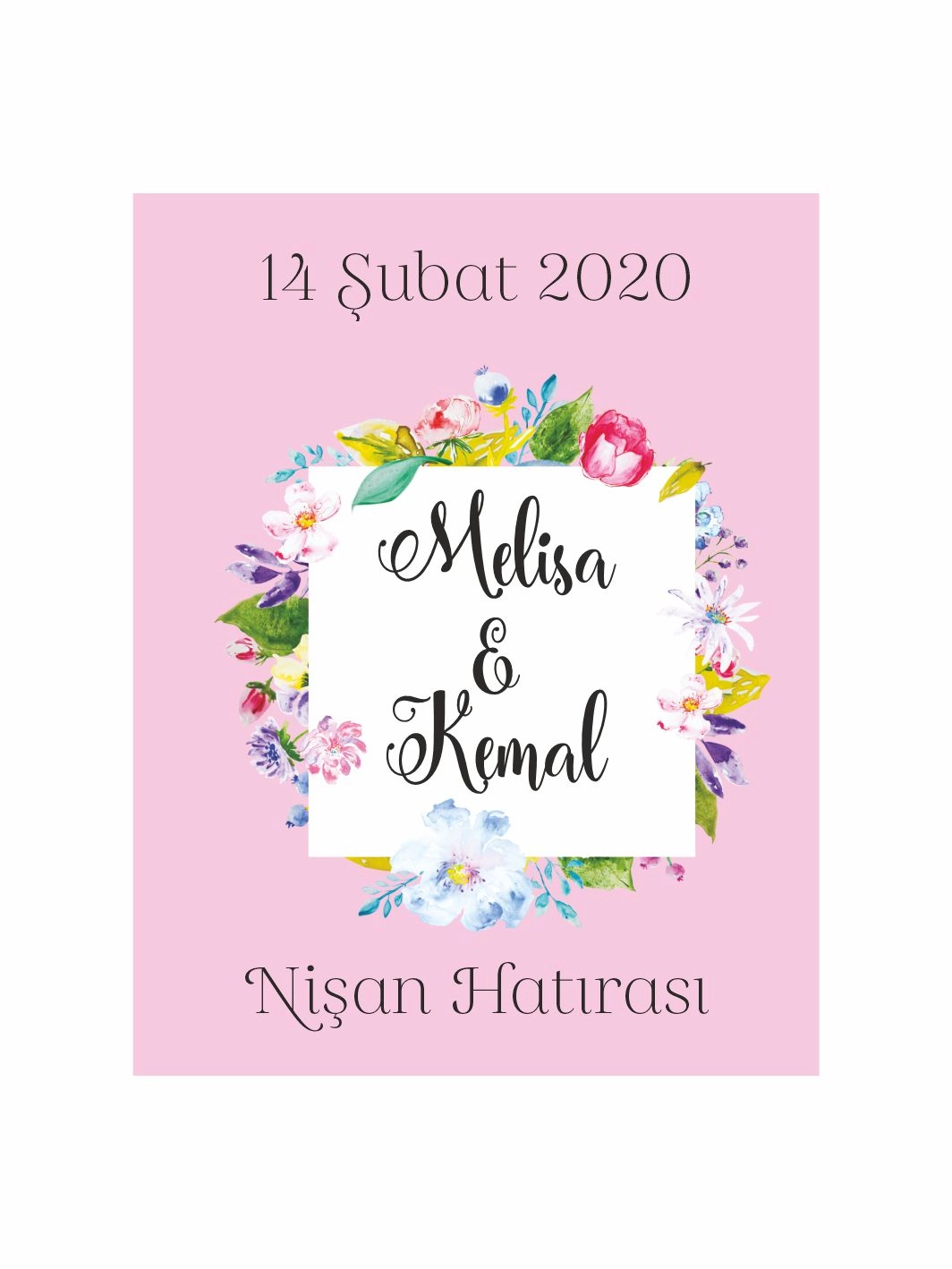 Nişan Söz Nikah Düğün Hatıra Magneti Pembe Zemin Renkli Çiçek Çelenkli Romantik Bahar Konsept