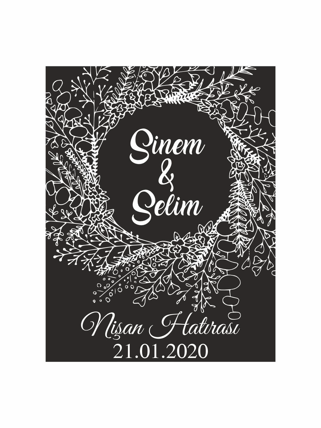 Nişan Söz Nikah Düğün Hatıra Magneti Siyah Zemin Beyaz Çiçek Çelenkli Modern Minimal Konsept