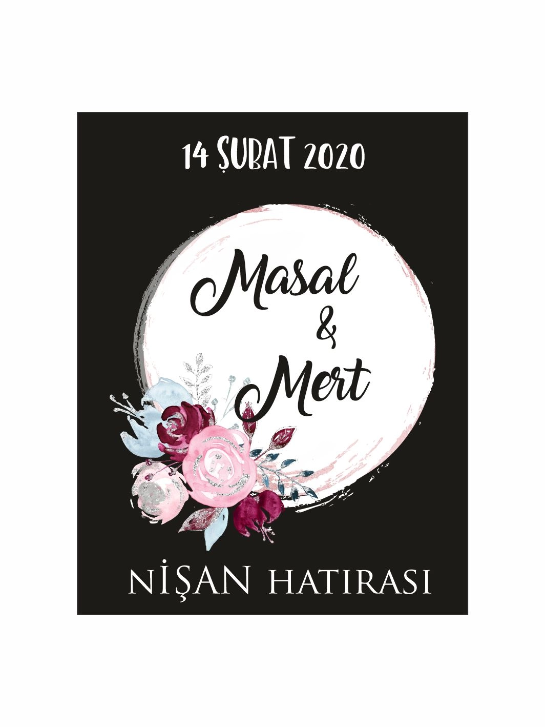 Nişan Söz Nikah Düğün Hatıra Magneti Siyah Zemin Fırça Efektli Daire Çerçeveli Çiçekli Modern Konsept
