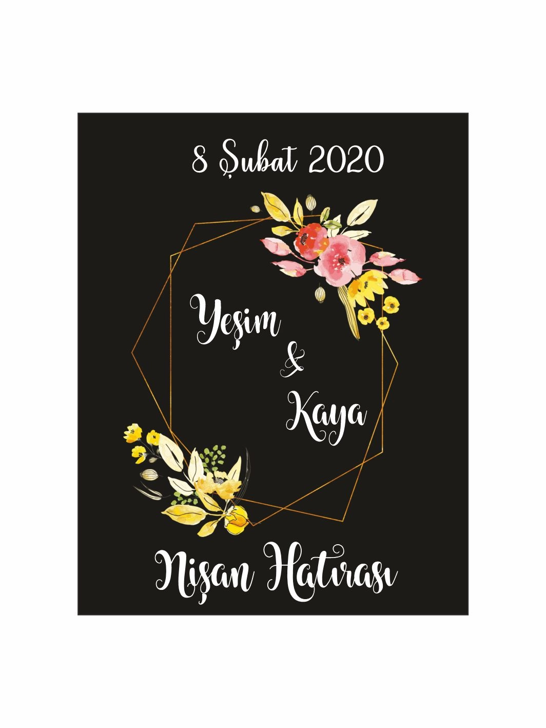 Nişan Söz Nikah Düğün Hatıra Magneti Siyah Zemin Gold Geometrik Çerçeveli Sarı Çiçekli Zarif Konsept