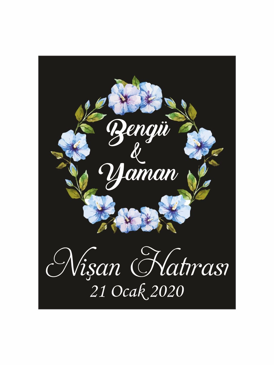 Nişan Söz Nikah Düğün Hatıra Magneti Siyah Zemin Mavi Çiçek Çelenkli Romantik Botanik Konsept