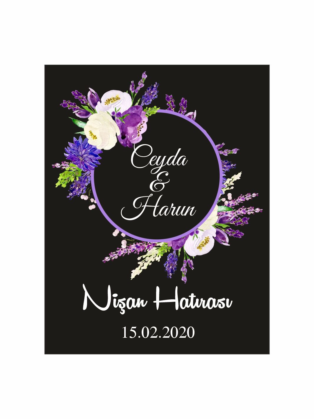 Nişan Söz Nikah Düğün Hatıra Magneti Siyah Zemin Mor Çiçekli Daire Çerçeveli Zarif Romantik Konsept