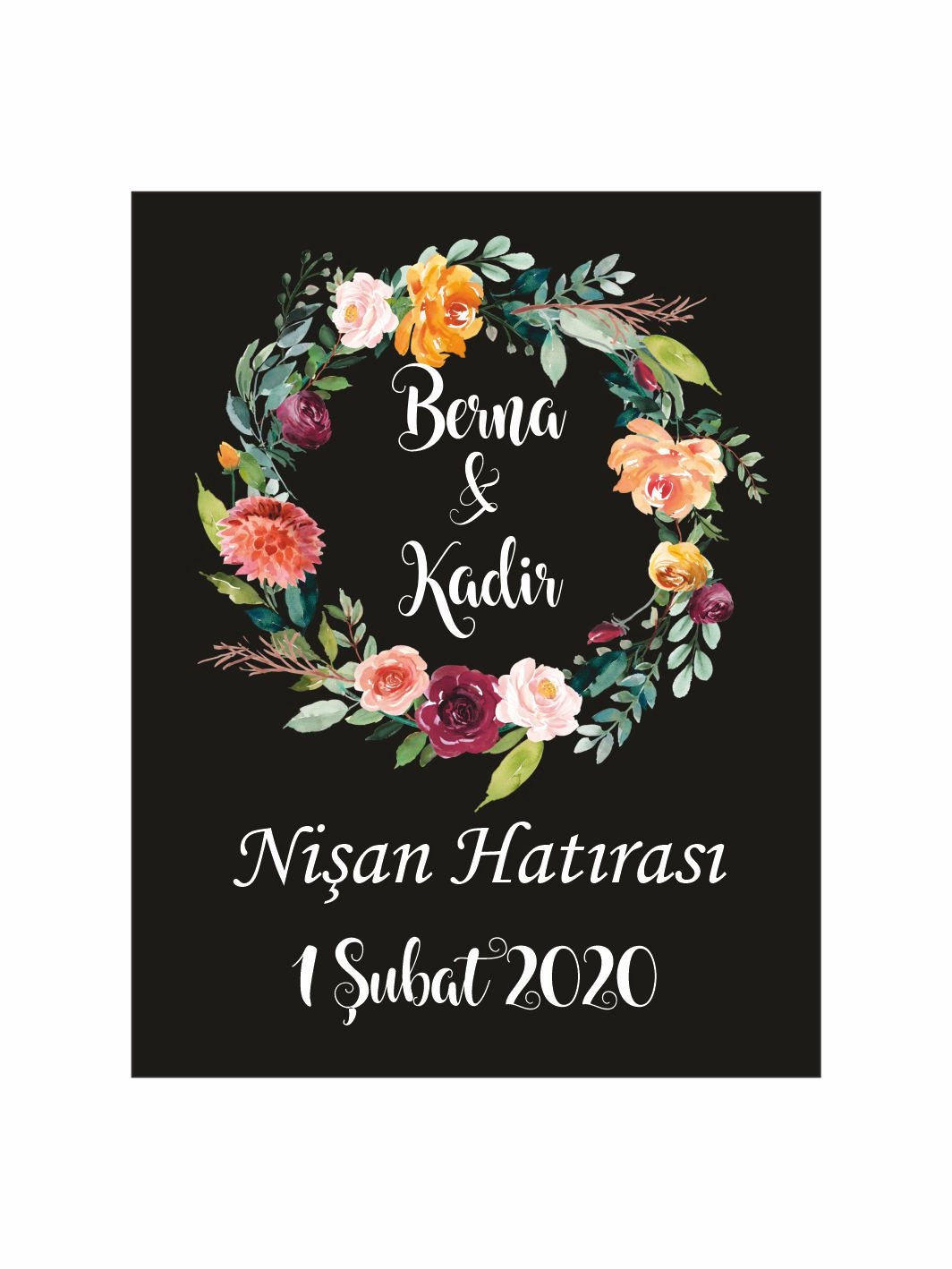 Nişan Söz Nikah Düğün Hatıra Magneti Siyah Zemin Renkli Çiçek Çelenkli Vintage Romantik Konsept