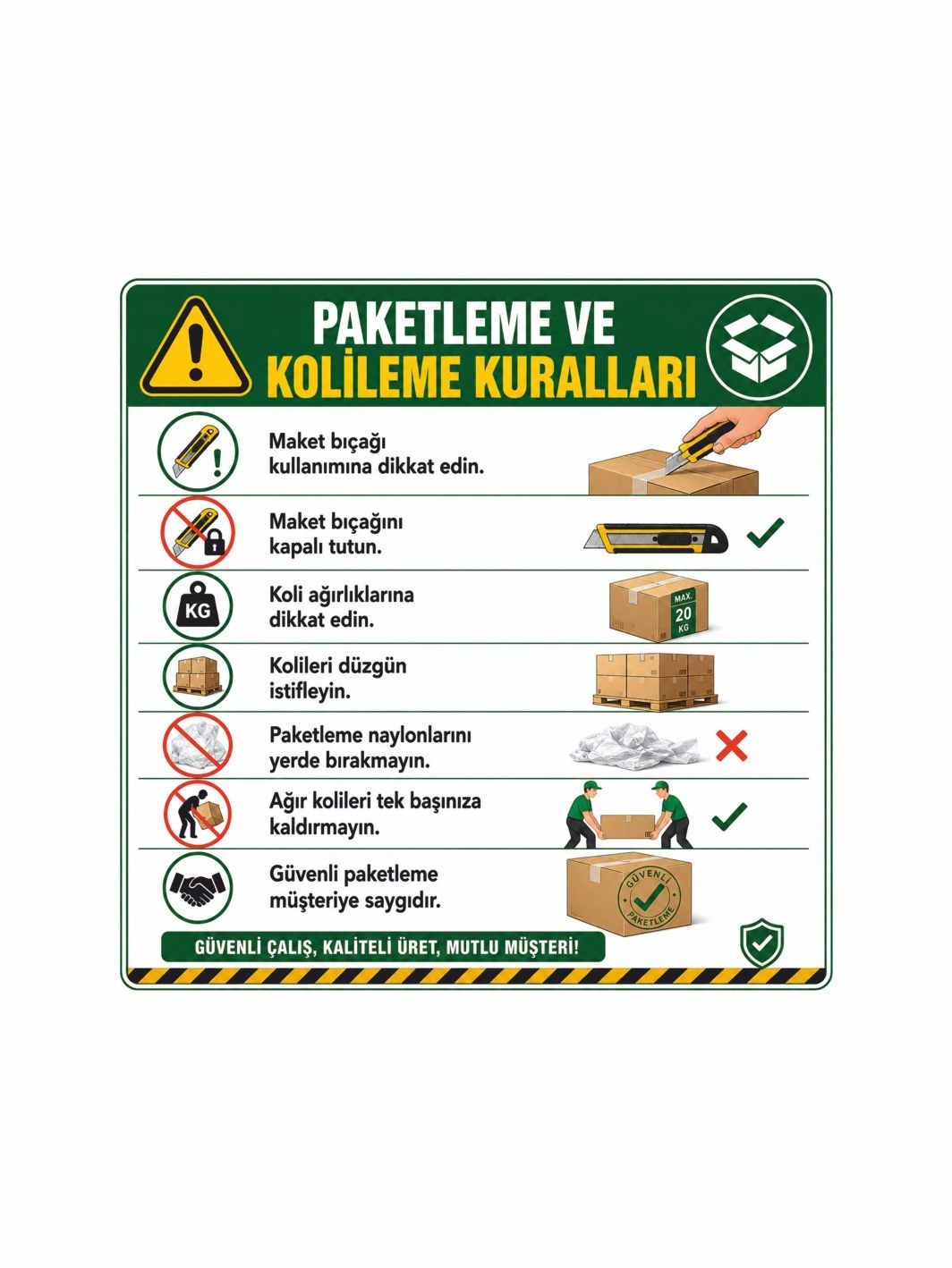 Paketleme ve Kolileme Kuralları Uyarı Levhası 40x40cm