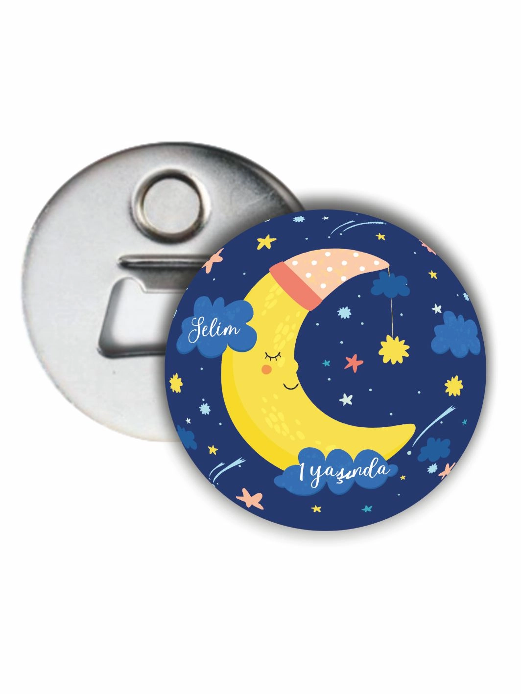 Sevimli Ay Temalı Doğum Günü Açacak Magnet 58mm Metal Buton Açacak Magnet