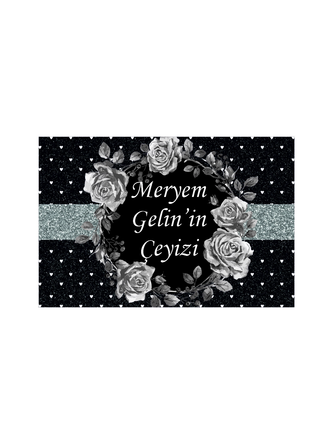 Siyah Beyaz Gül Desenli Sim Detaylı Çelenk Tasarımlı Gelin Çeyiz Kolisi Etiketi – Kendinden Yapışkanlı Kuşe Çıkartma 20x30 A4