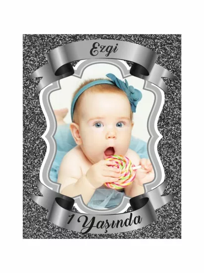 1 Yaş Bebek Doğum Günü Magneti Gümüş Zemin | Sade Resimli Foto Magnet – Zajabaskı