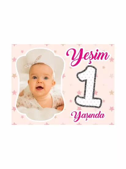1 Yaş Doğum Günü Magneti Pembe Yıldızlı | Puantiyeli Foto Magnet – Zajabaskı