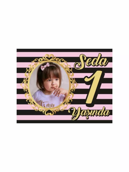 1 Yaş Doğum Günü Magneti Soft Pembe Siyah Gold | Fotoğraflı Magnet – Zajabaskı