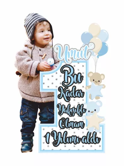 1 Yaş Doğum Günü Parti Panosu Erkek Bebek Resimli Sevimli Ayıcık Balon Tema Modelleri ve Fiyatları | Zajabaskı